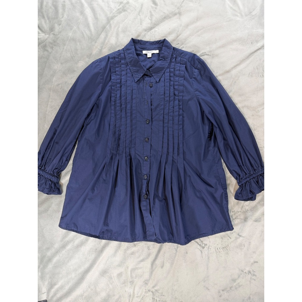 Chico's 1 US 8 Pintuck Poplin Classic Navy Button Up Cotton Blouse 3/4 Sleeve